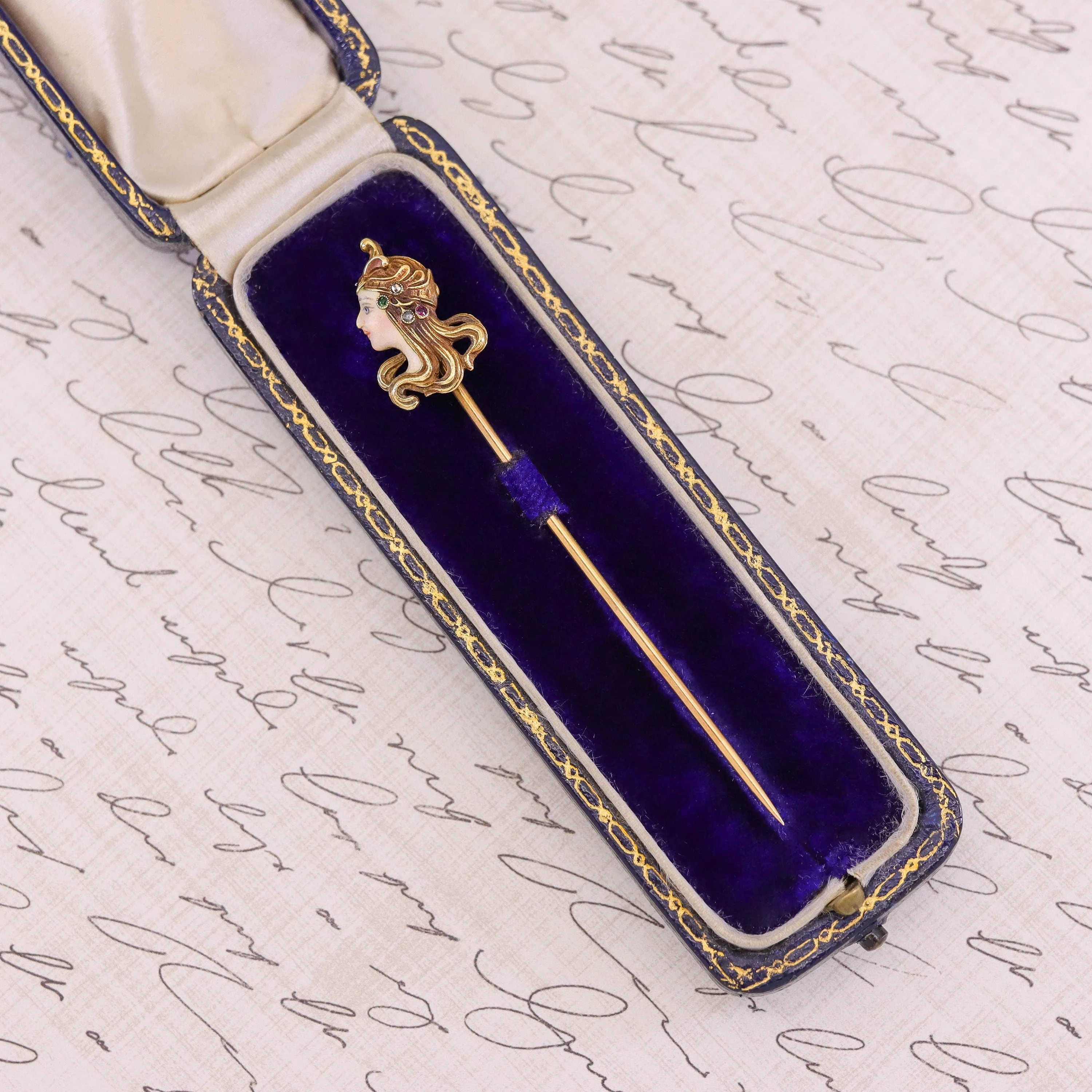 Antique French Enamel Woman Stickpin of 18k Gold