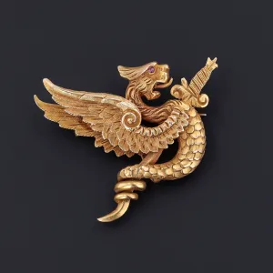 Antique Griffin Brooch of 14k Gold