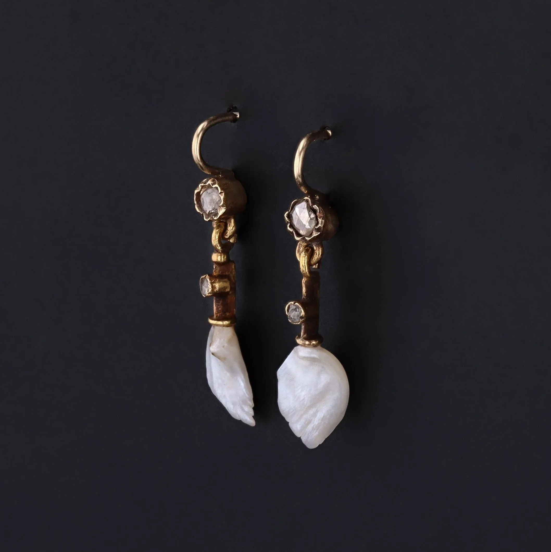 Antique Pearl and Diamond Conversion Earrings of 14k Gold