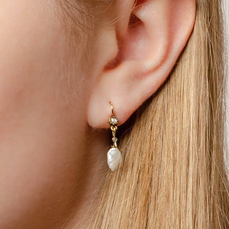 Antique Pearl and Diamond Conversion Earrings of 14k Gold