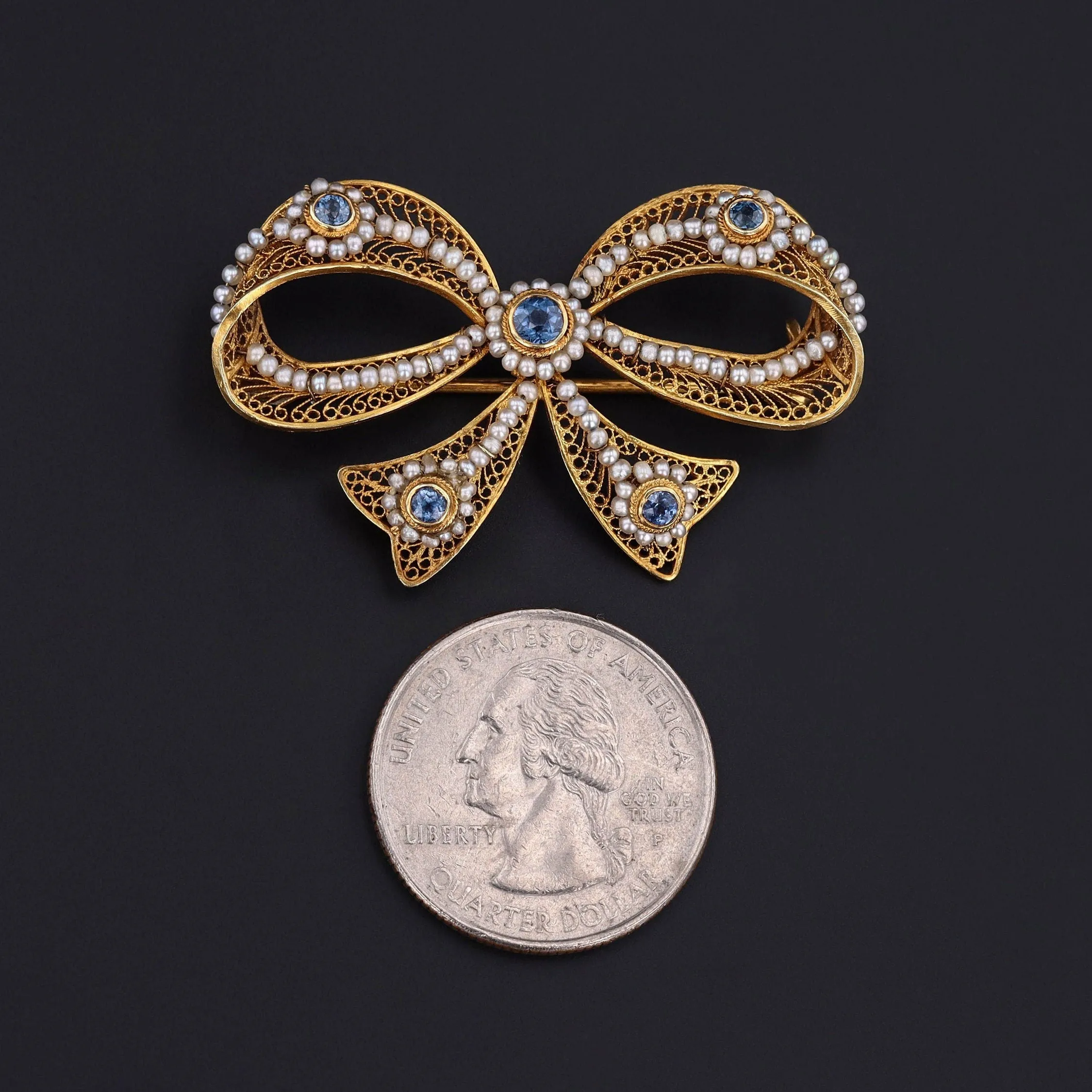 Antique Pearl and Sapphire Bow Brooch of 14k Gold