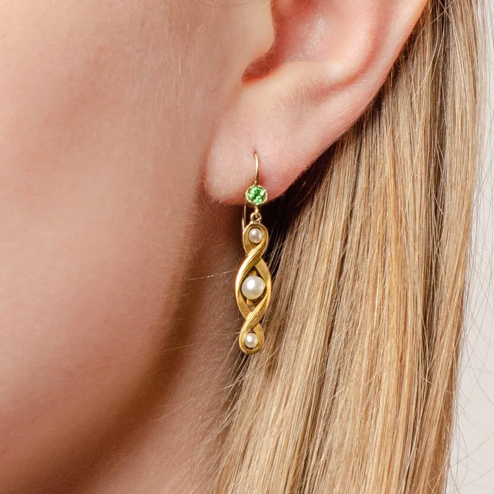 Antique Pearl and Tsavorite Garnet Earrings of 14k Gold
