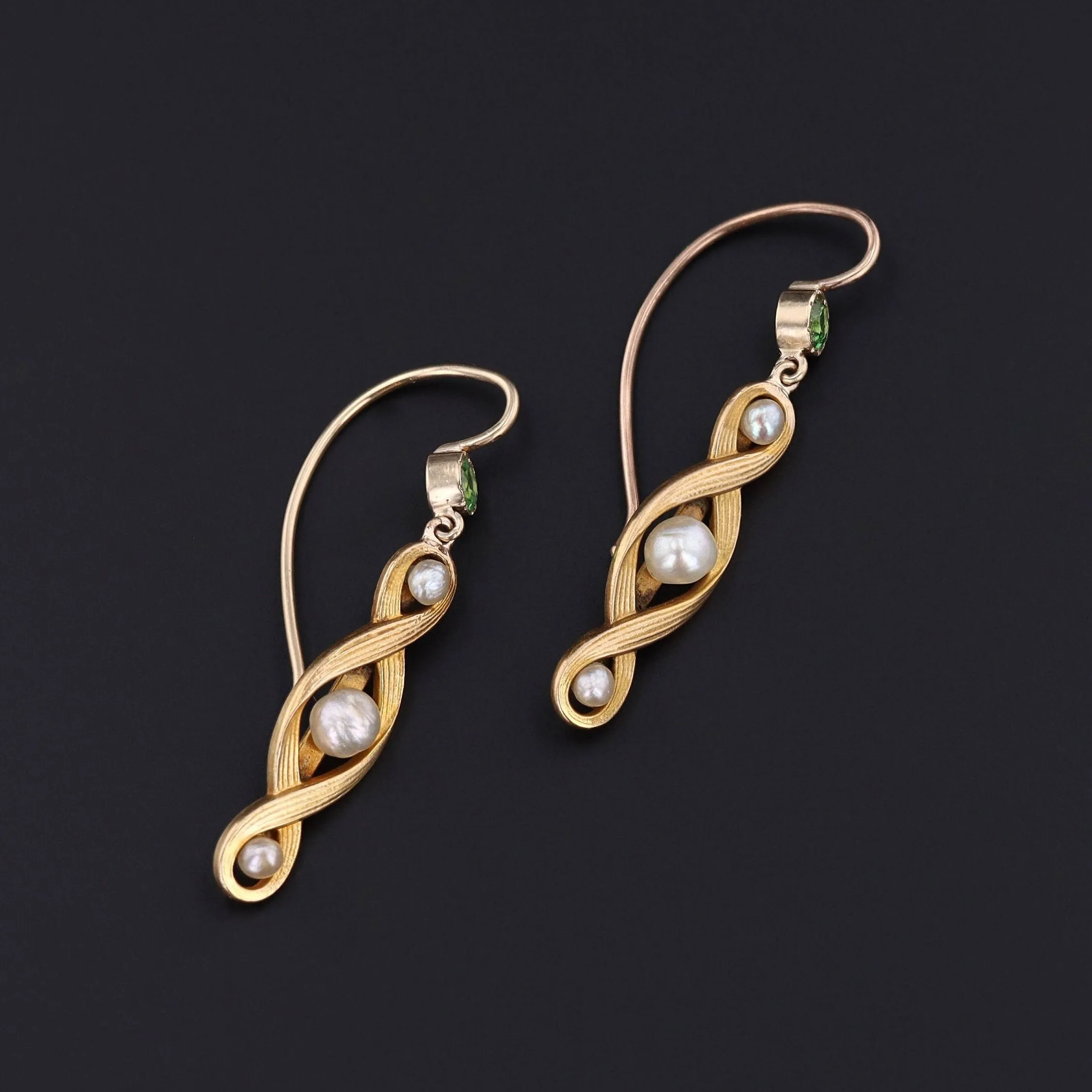 Antique Pearl and Tsavorite Garnet Earrings of 14k Gold