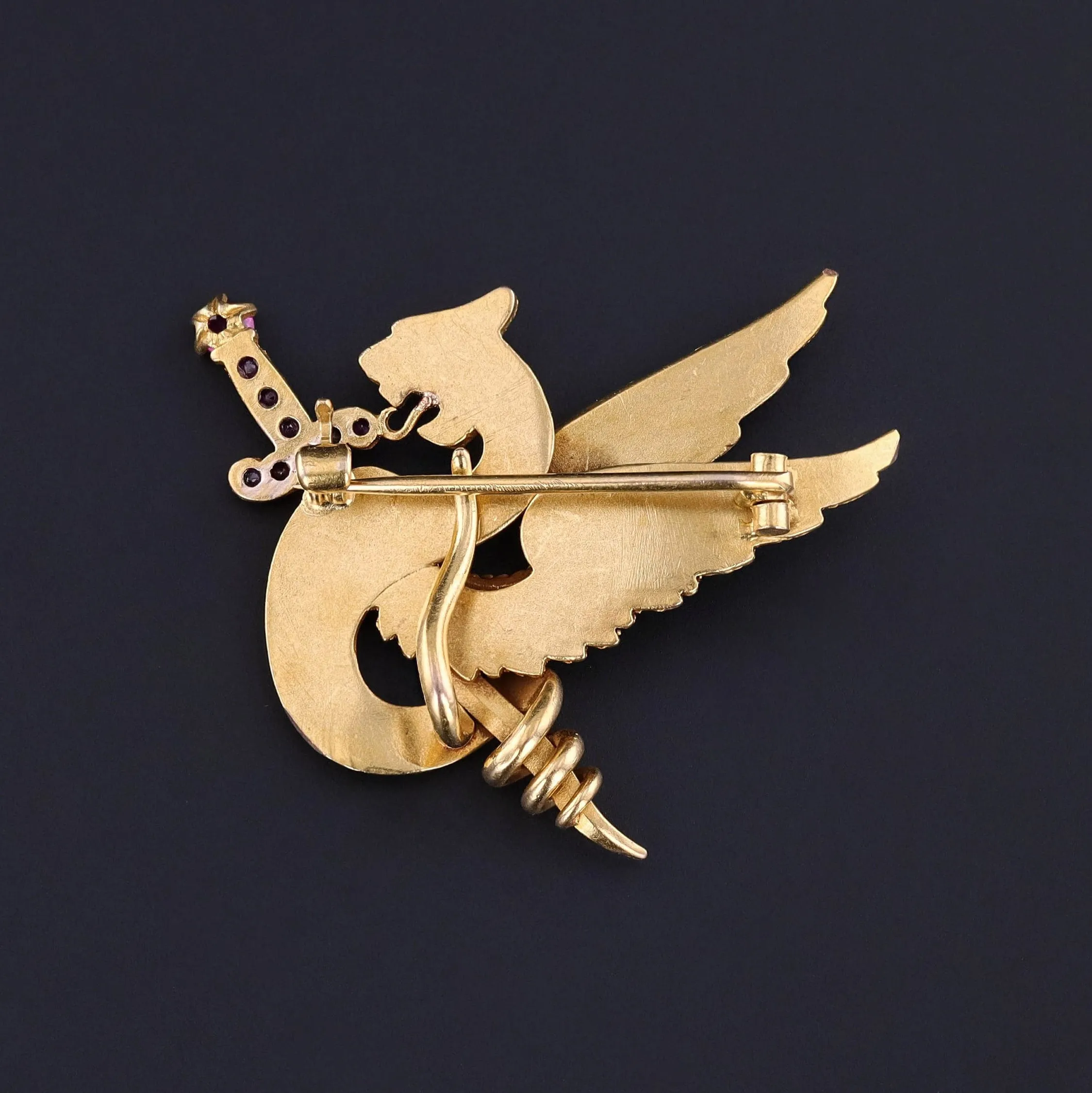 Antique Pink Sapphire Griffin Brooch of 14k Gold