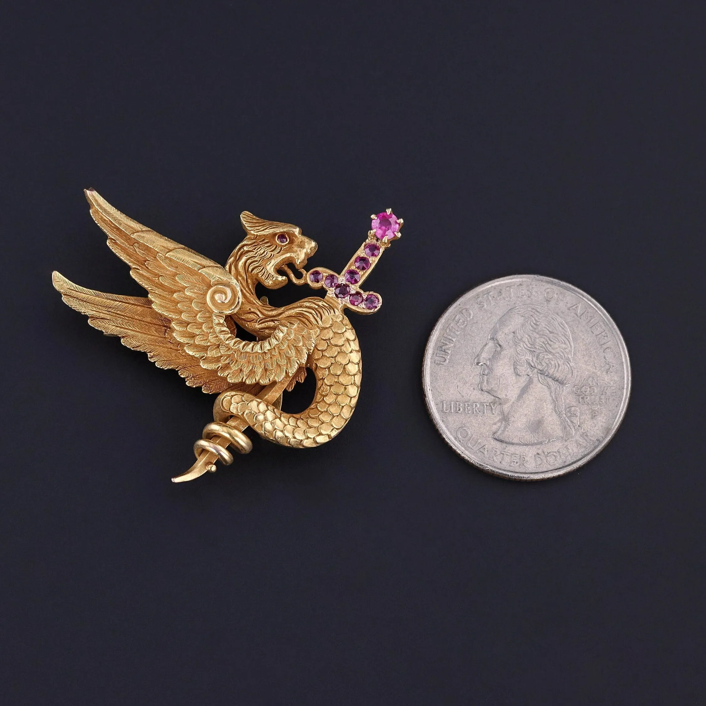 Antique Pink Sapphire Griffin Brooch of 14k Gold