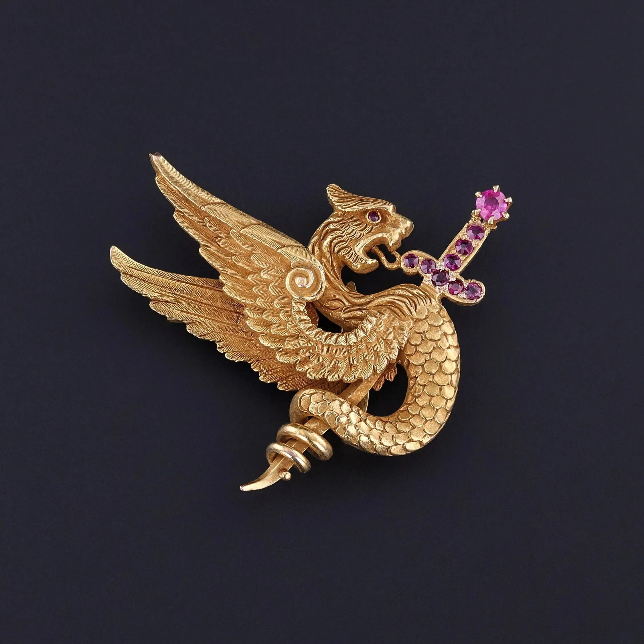 Antique Pink Sapphire Griffin Brooch of 14k Gold