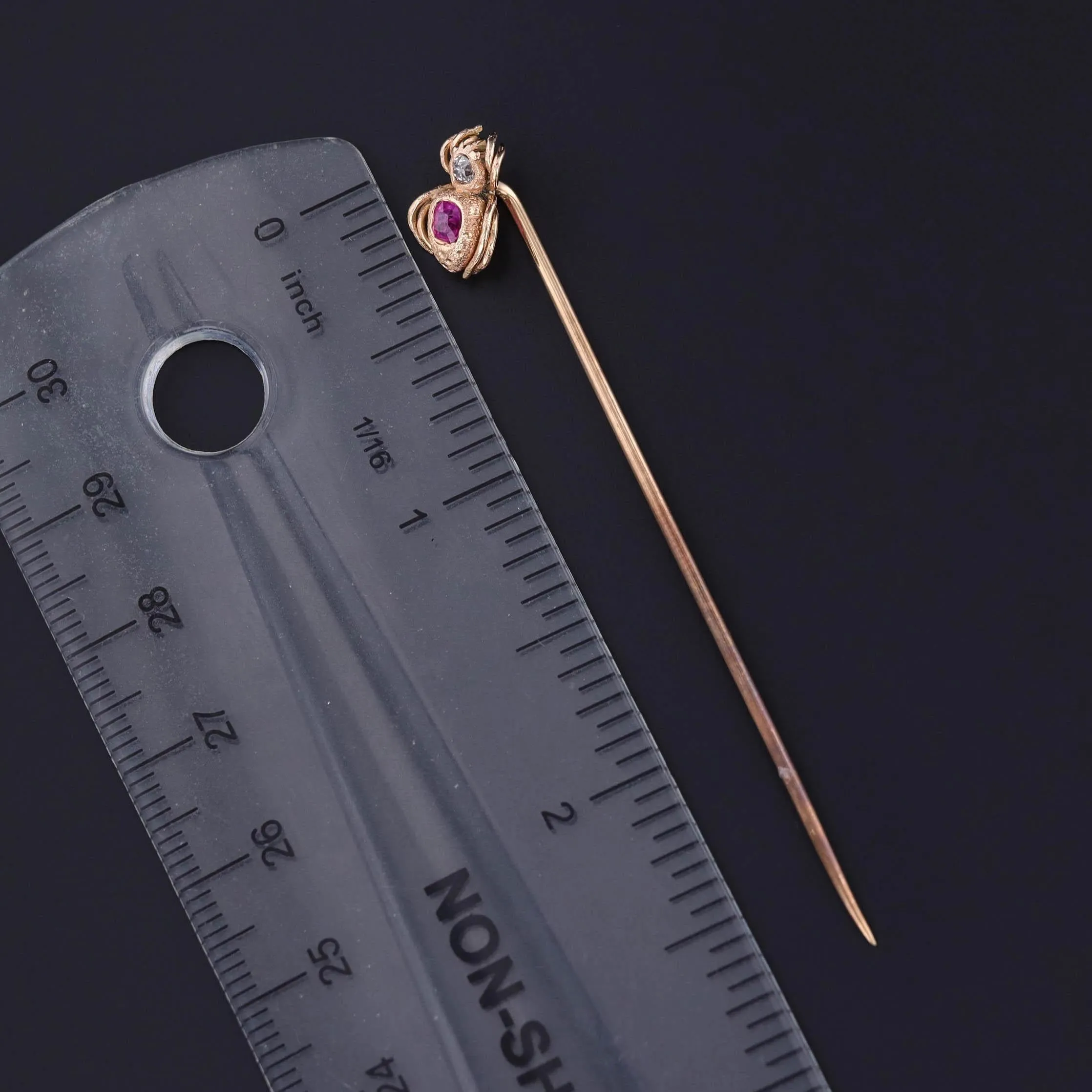 Antique Ruby and Diamond Spider Stickpin of 14k Gold