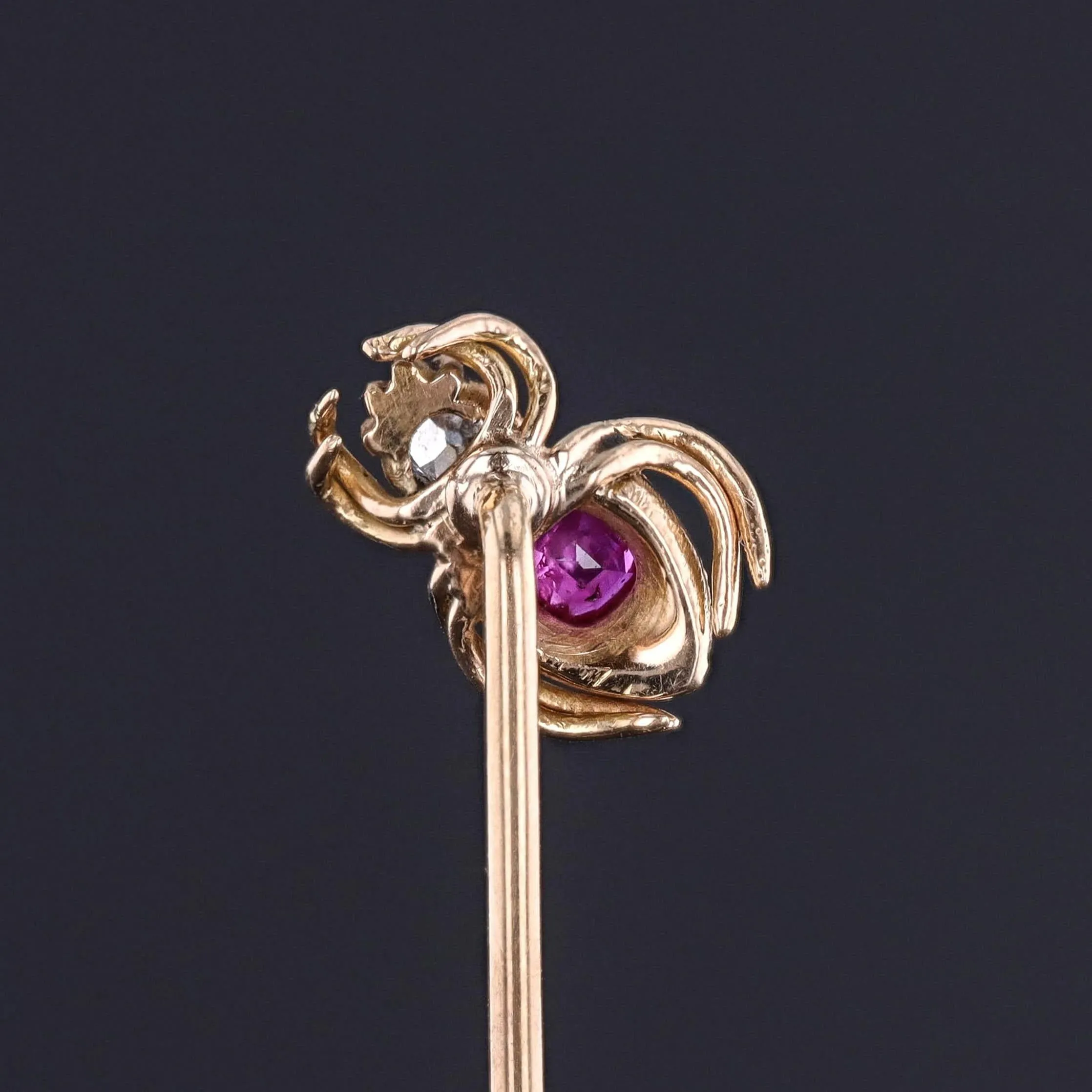 Antique Ruby and Diamond Spider Stickpin of 14k Gold