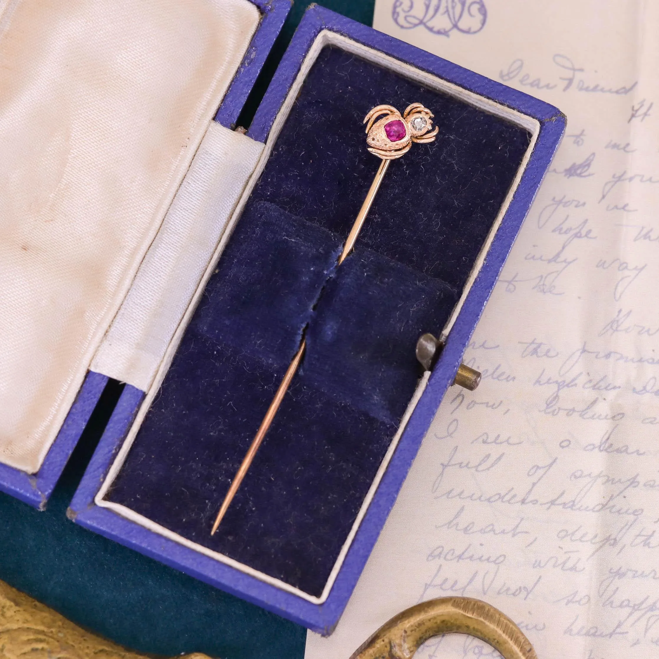 Antique Ruby and Diamond Spider Stickpin of 14k Gold