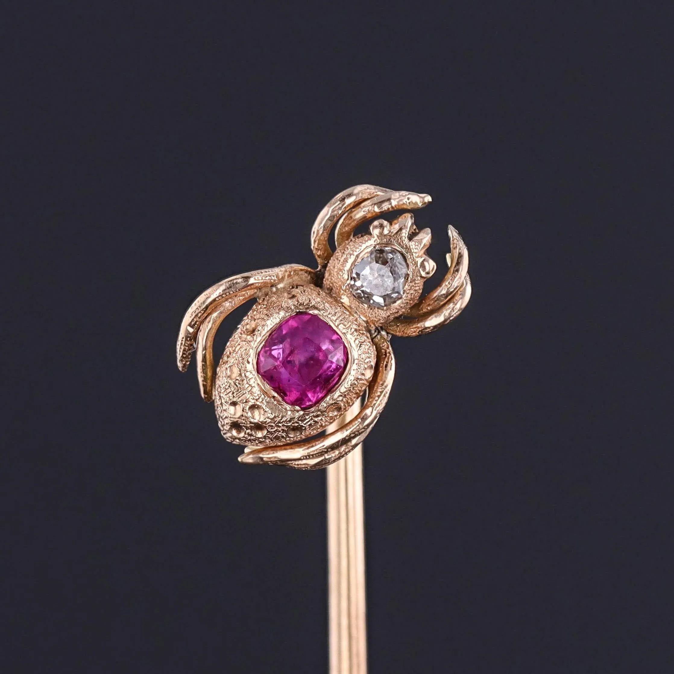 Antique Ruby and Diamond Spider Stickpin of 14k Gold