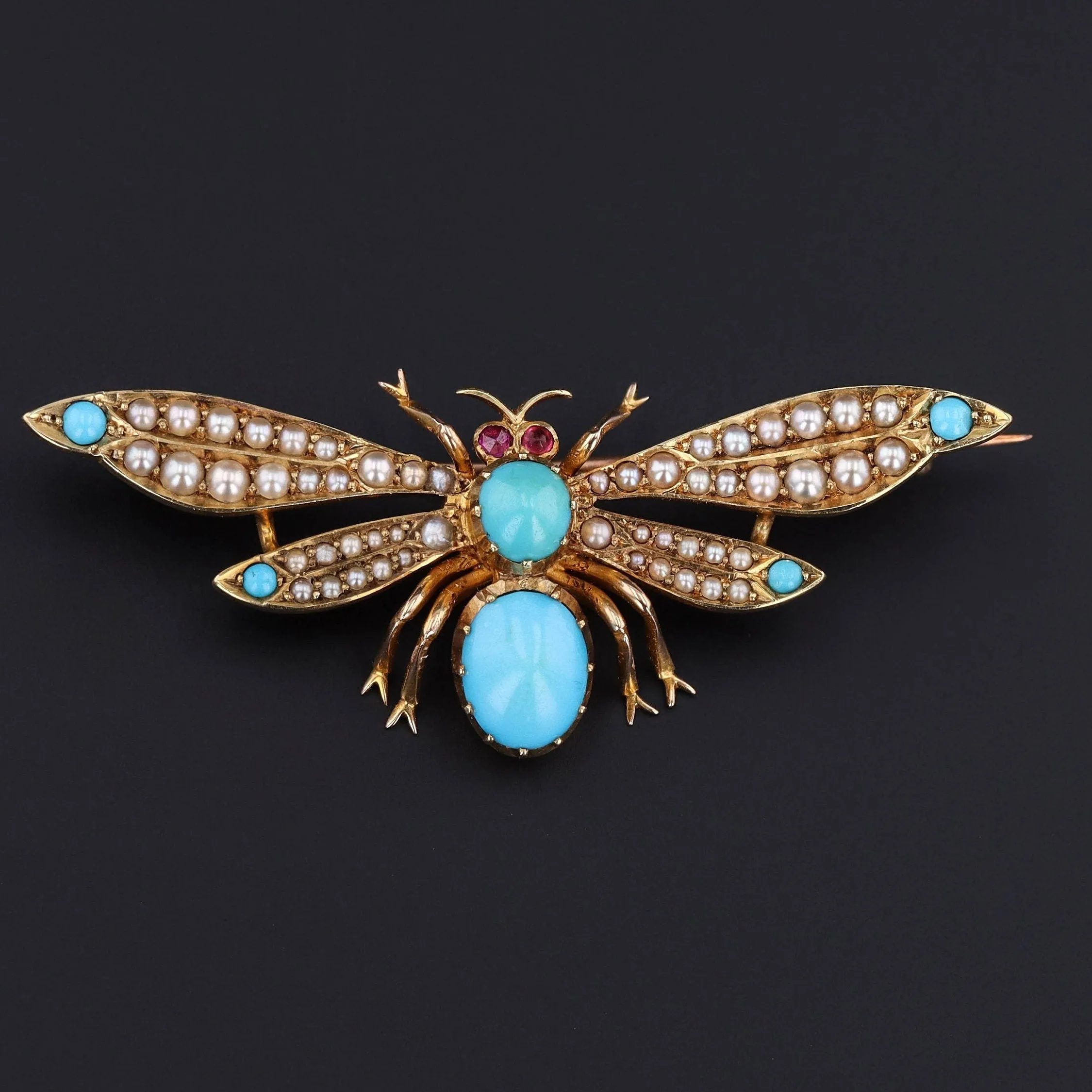 Antique Turquoise Insect Brooch of 15ct Gold
