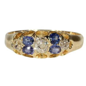 Antique Victorian Diamond and Sapphire Ring in 18k Gold, Hallmarked 1879