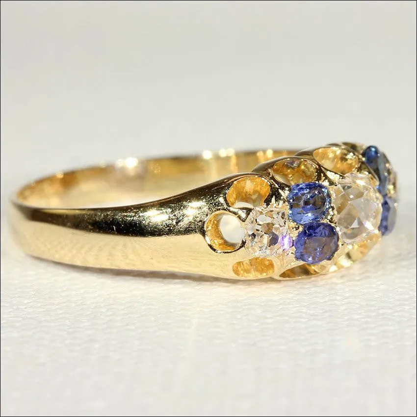 Antique Victorian Diamond and Sapphire Ring in 18k Gold, Hallmarked 1879