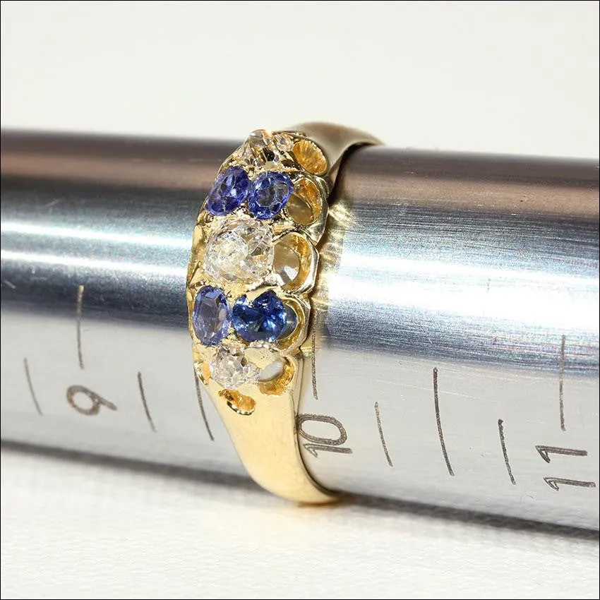 Antique Victorian Diamond and Sapphire Ring in 18k Gold, Hallmarked 1879