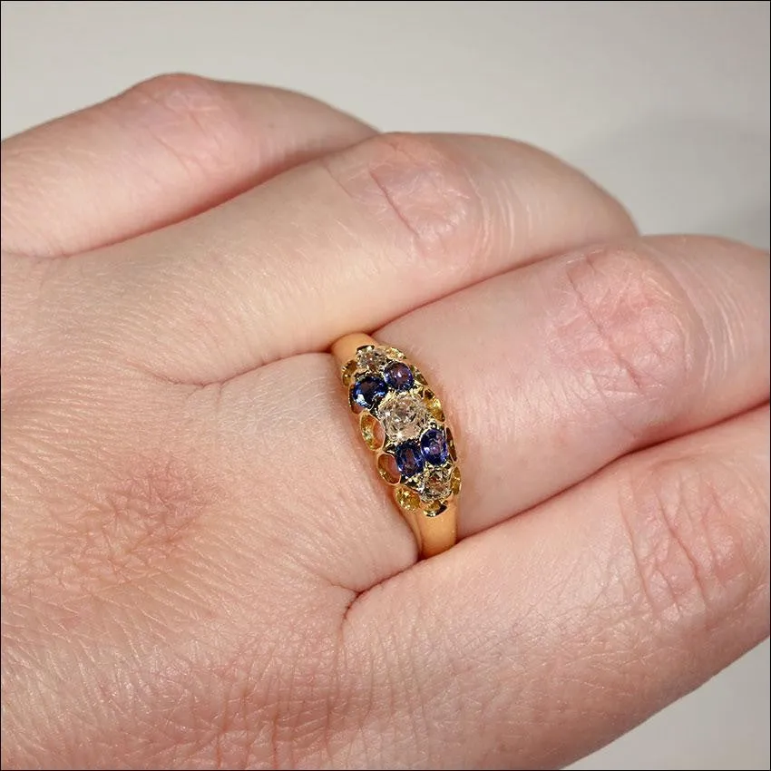 Antique Victorian Diamond and Sapphire Ring in 18k Gold, Hallmarked 1879