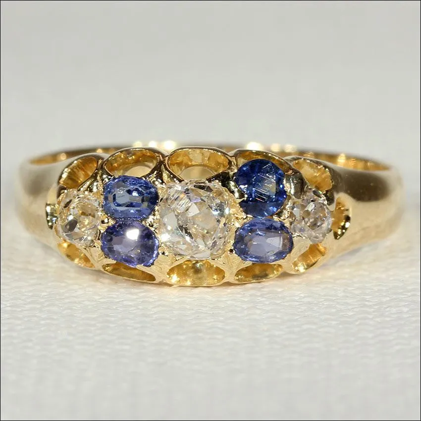 Antique Victorian Diamond and Sapphire Ring in 18k Gold, Hallmarked 1879