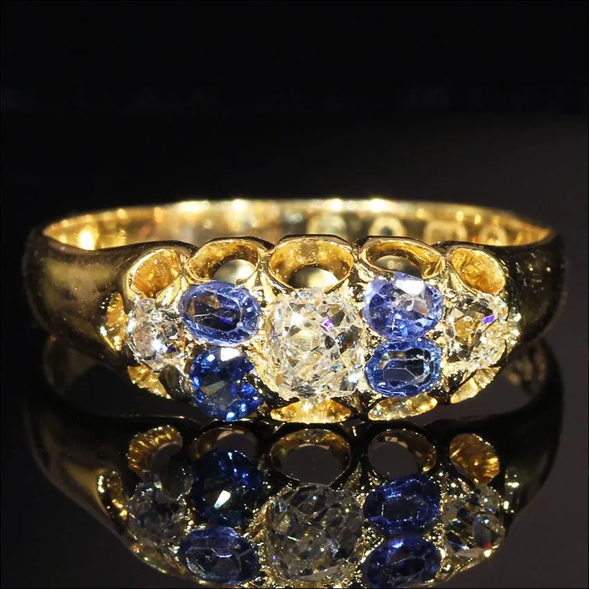 Antique Victorian Diamond and Sapphire Ring in 18k Gold, Hallmarked 1879