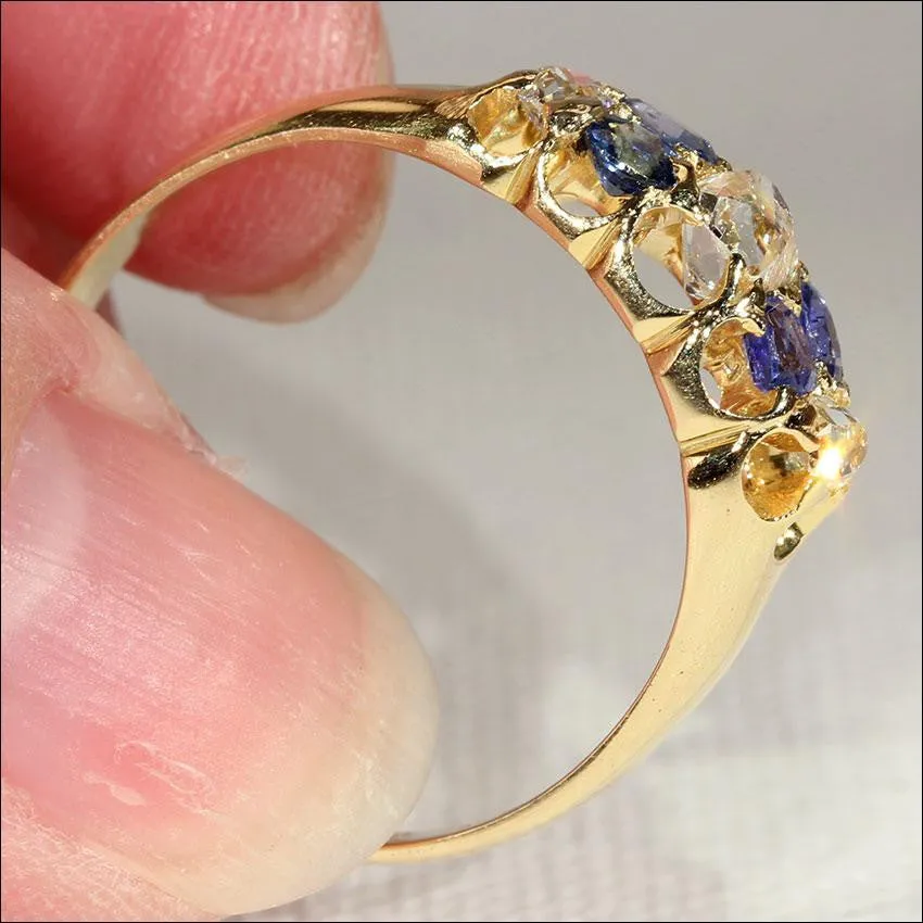 Antique Victorian Diamond and Sapphire Ring in 18k Gold, Hallmarked 1879