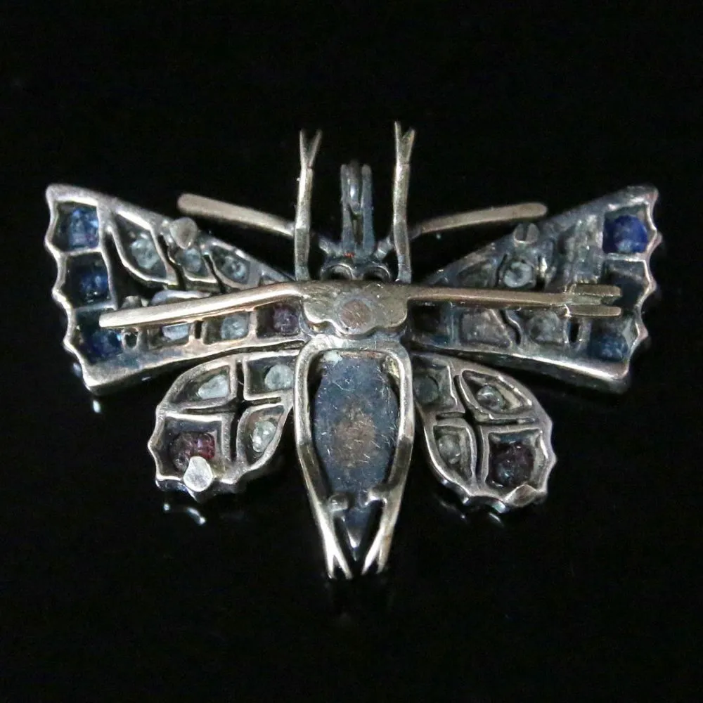 Antique Victorian Diamond Butterfly Pendant - Sapphires And Rubies Circa 1900
