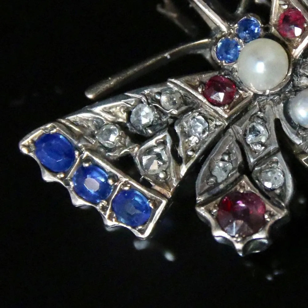 Antique Victorian Diamond Butterfly Pendant - Sapphires And Rubies Circa 1900