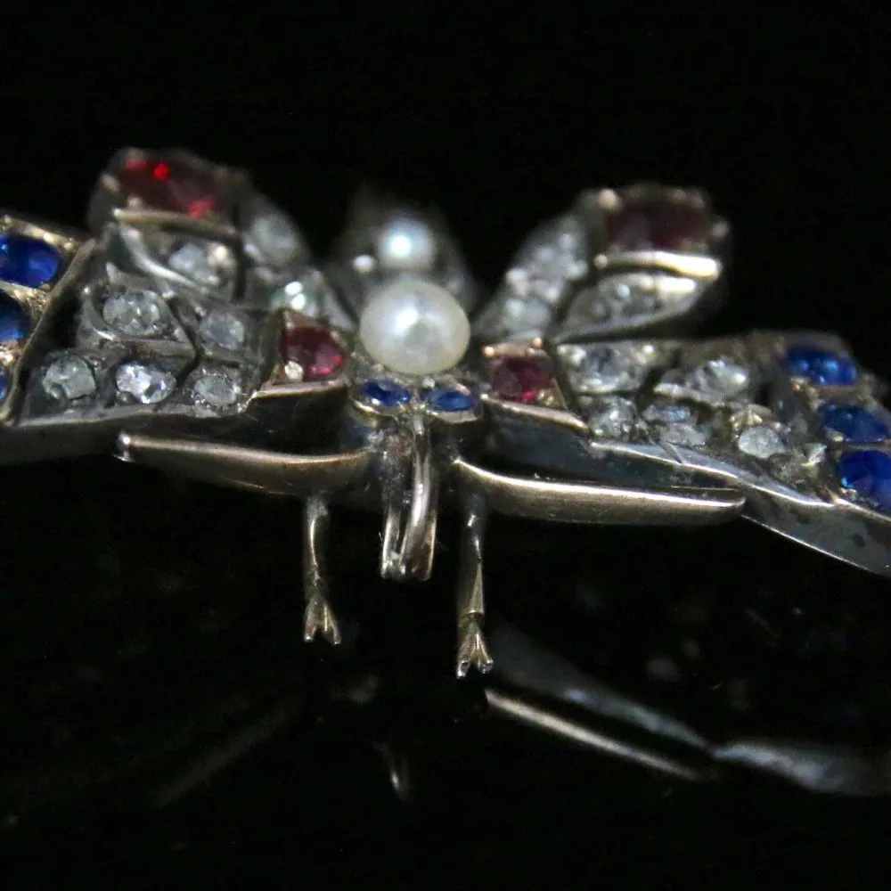 Antique Victorian Diamond Butterfly Pendant - Sapphires And Rubies Circa 1900