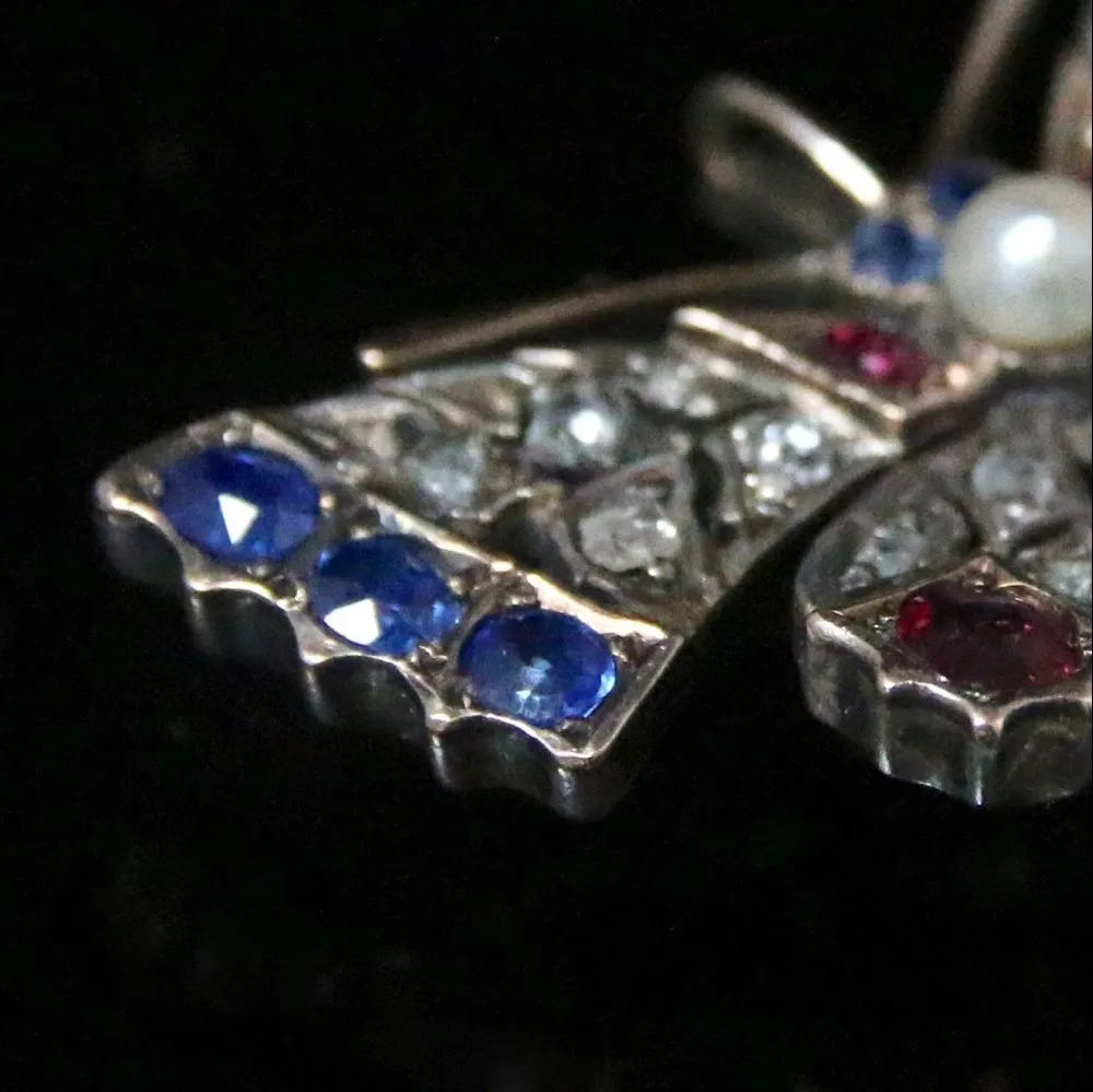 Antique Victorian Diamond Butterfly Pendant - Sapphires And Rubies Circa 1900