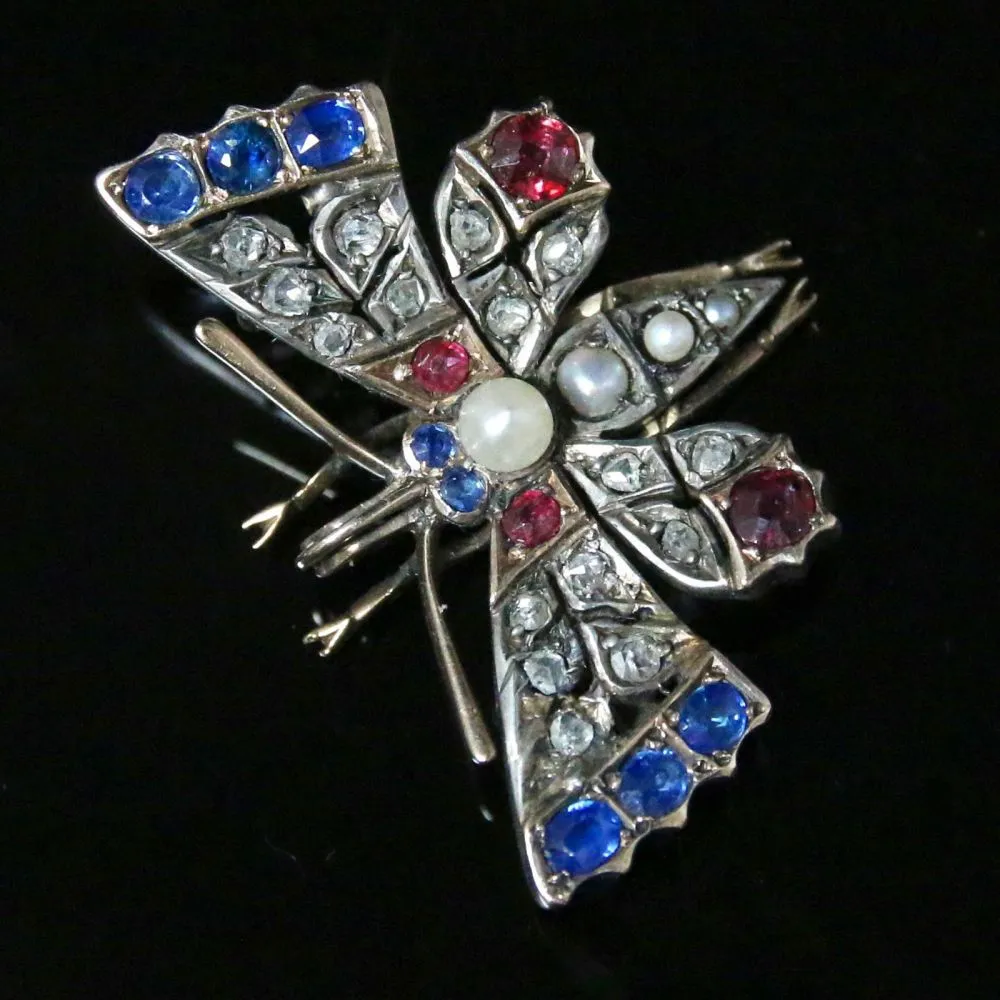 Antique Victorian Diamond Butterfly Pendant - Sapphires And Rubies Circa 1900