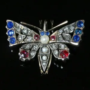 Antique Victorian Diamond Butterfly Pendant - Sapphires And Rubies Circa 1900