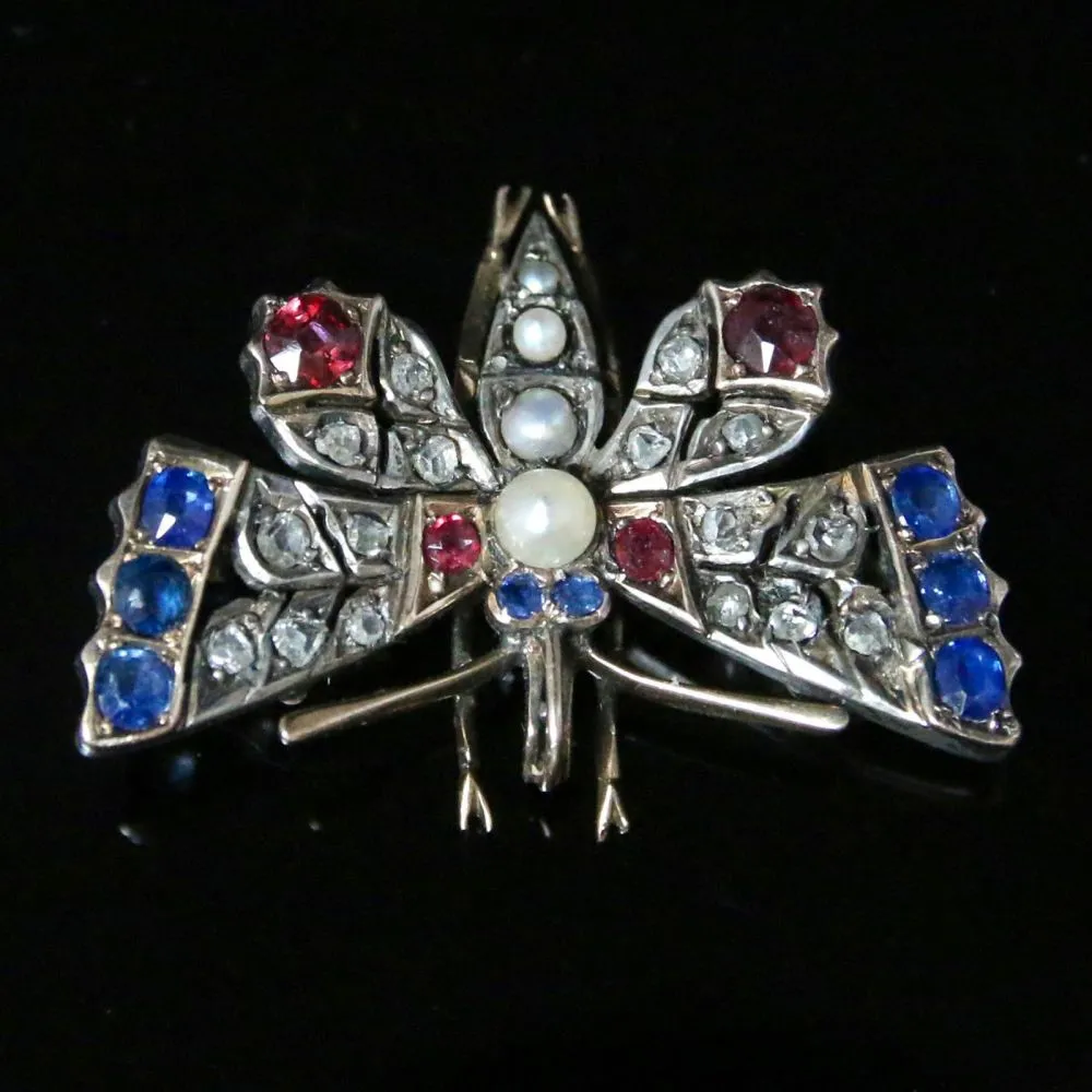Antique Victorian Diamond Butterfly Pendant - Sapphires And Rubies Circa 1900