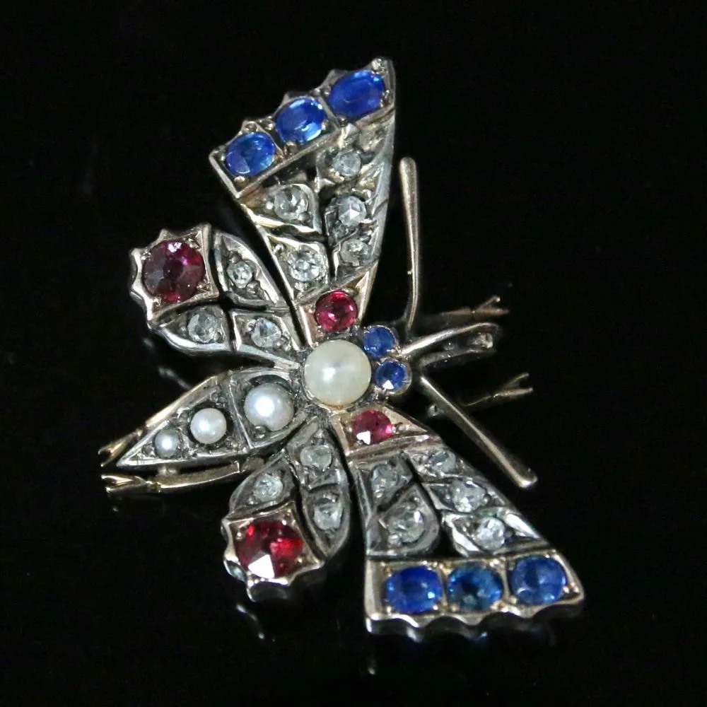 Antique Victorian Diamond Butterfly Pendant - Sapphires And Rubies Circa 1900