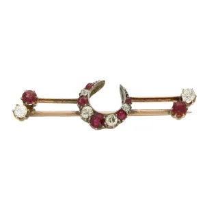 Antique Victorian Old Cut Diamond and Ruby Crescent Moon Brooch