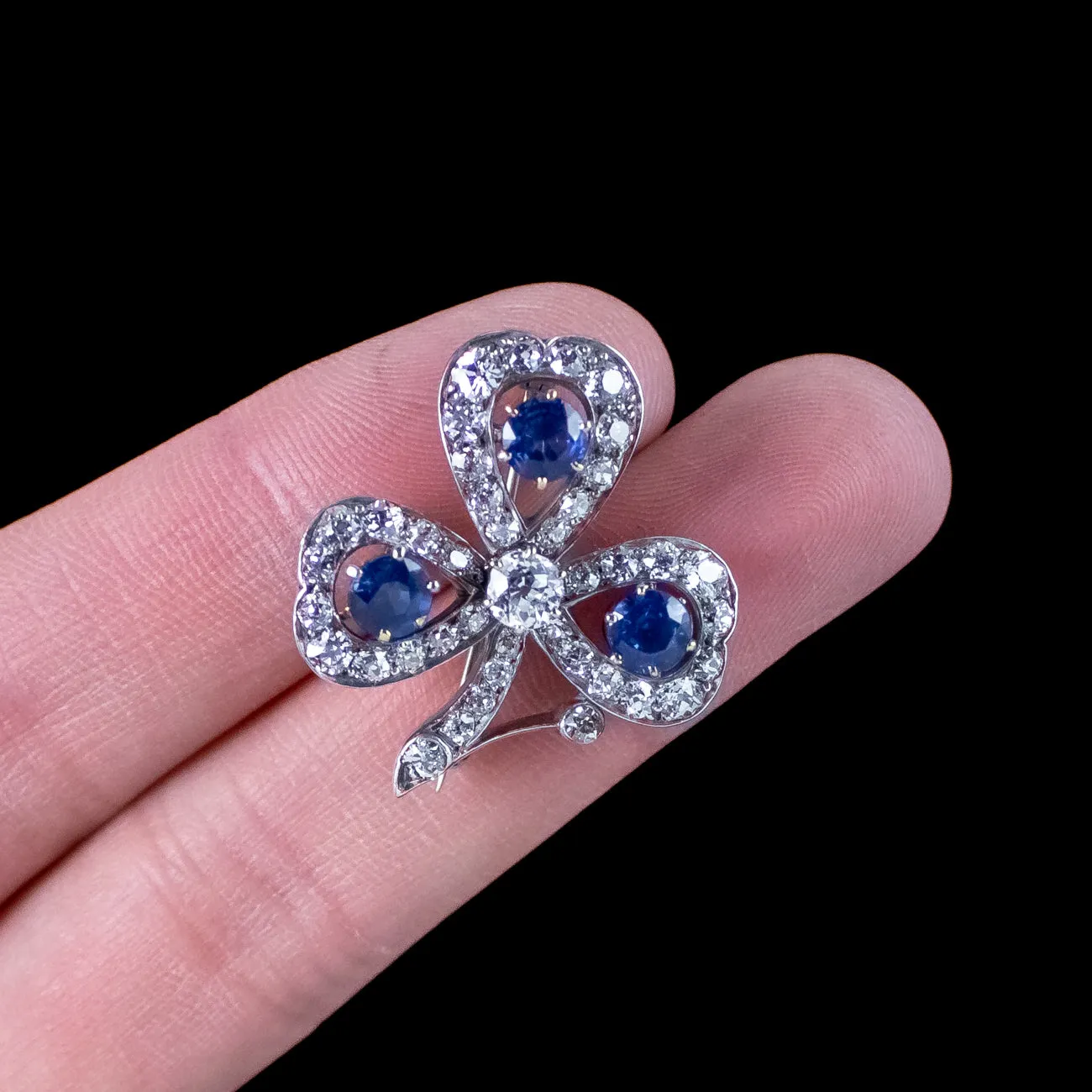 Antique Victorian Sapphire Diamond Shamrock Brooch Silver 18ct Gold