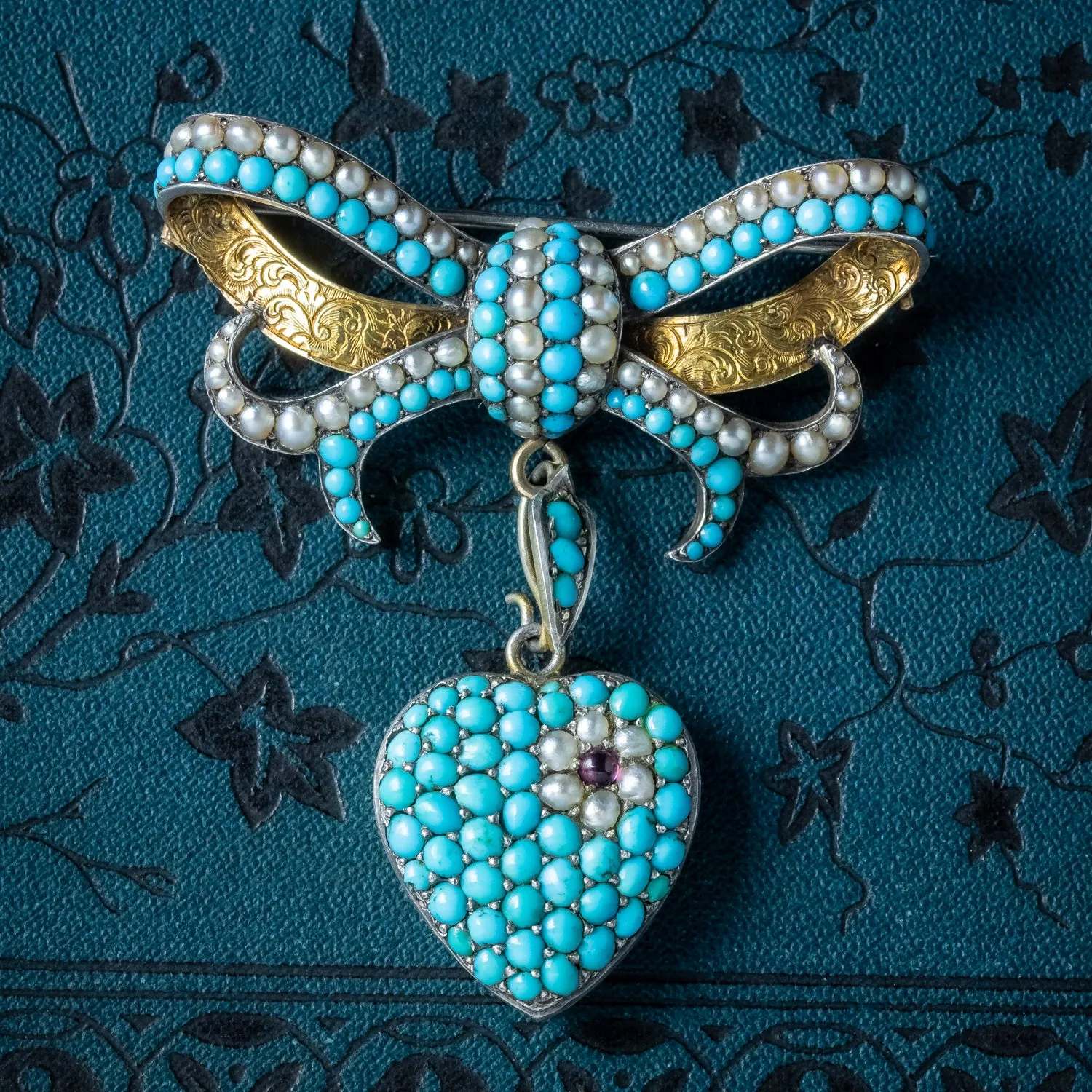 Antique Victorian Turquoise Pearl Bow Brooch And Heart Locket