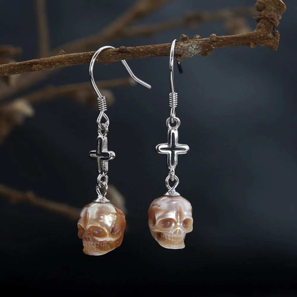 Art Deco Pearl Skull Cross Dangle Earrings