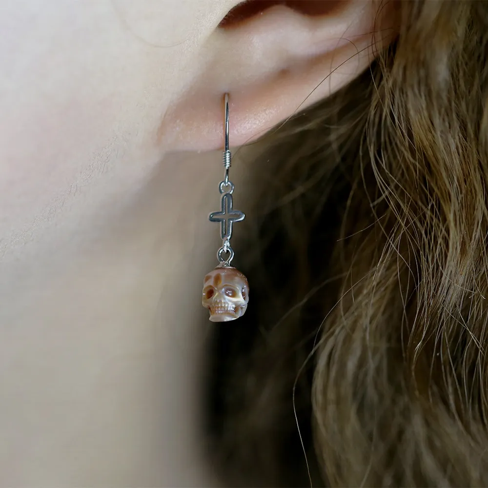 Art Deco Pearl Skull Cross Dangle Earrings