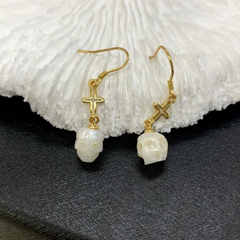 Art Deco Pearl Skull Cross Dangle Earrings