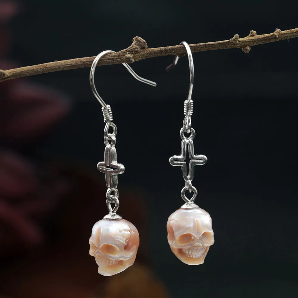Art Deco Pearl Skull Cross Dangle Earrings