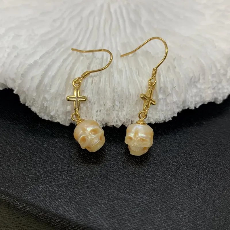 Art Deco Pearl Skull Cross Dangle Earrings