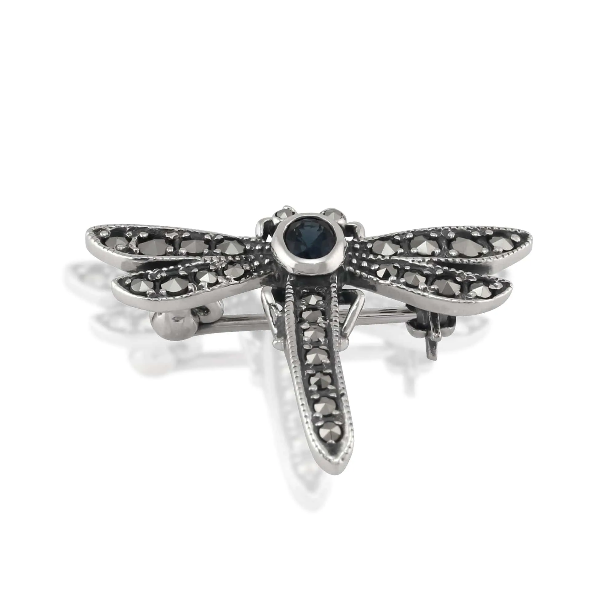 Art Nouveau Style Oval Marcasite & Sapphire Dragonfly Brooch in 925 Sterling Silver