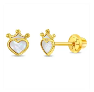 Baby and Children's Earrings:  14k Gold Mother of Pearl Princess Hearts with Screw Backs and Gift Box