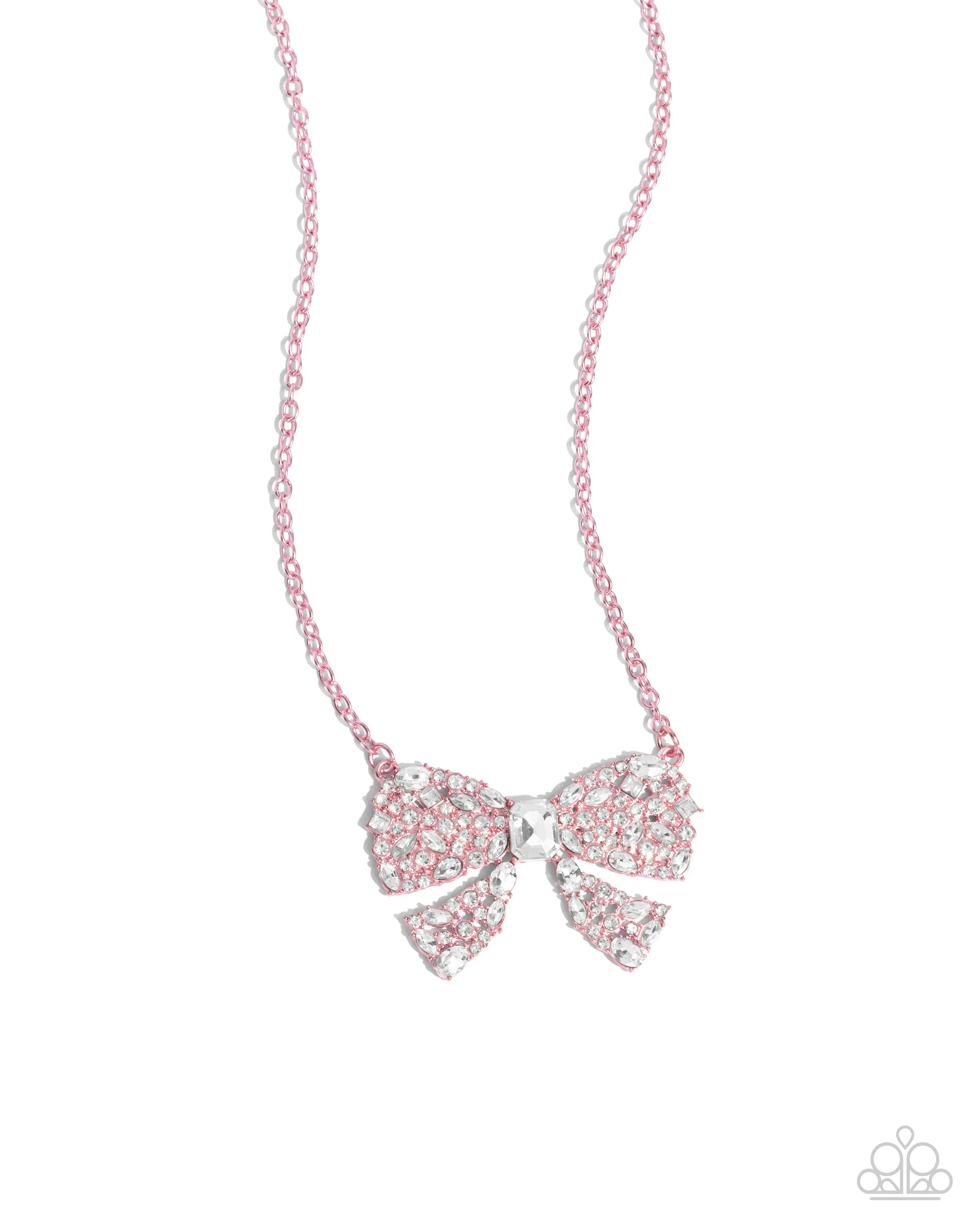 Bewitching Bow - Pink - Metallic White Rhinestone Encrusted Paparazzi Short Necklace