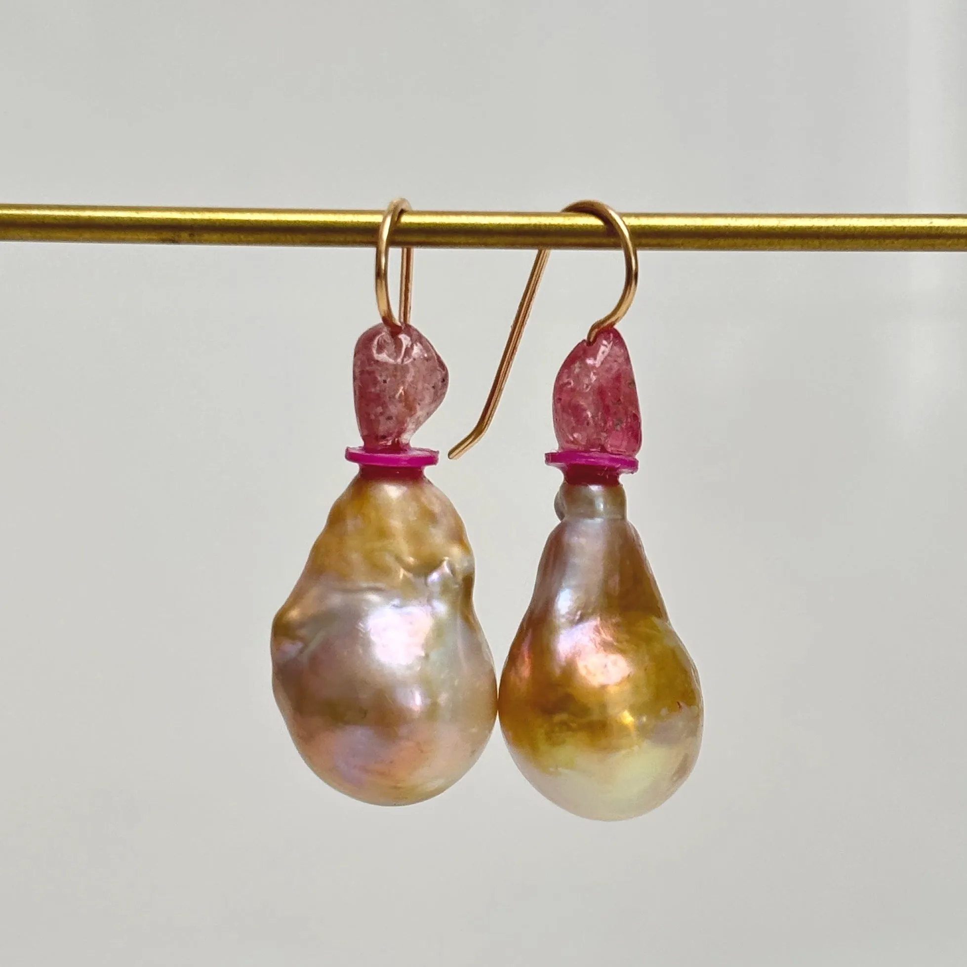 big golden drop pearls and gemstone earrings