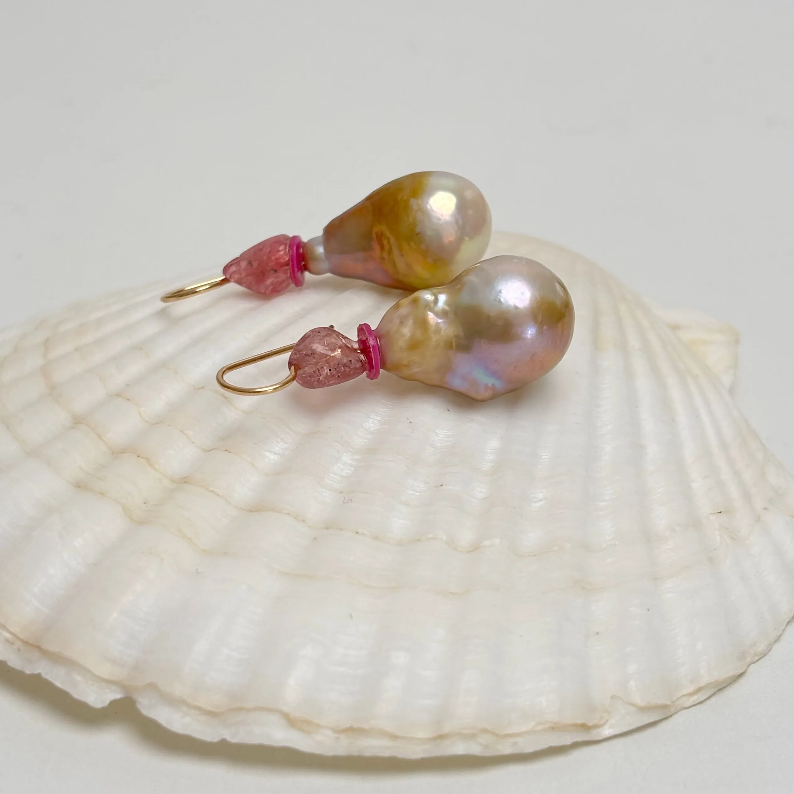big golden drop pearls and gemstone earrings