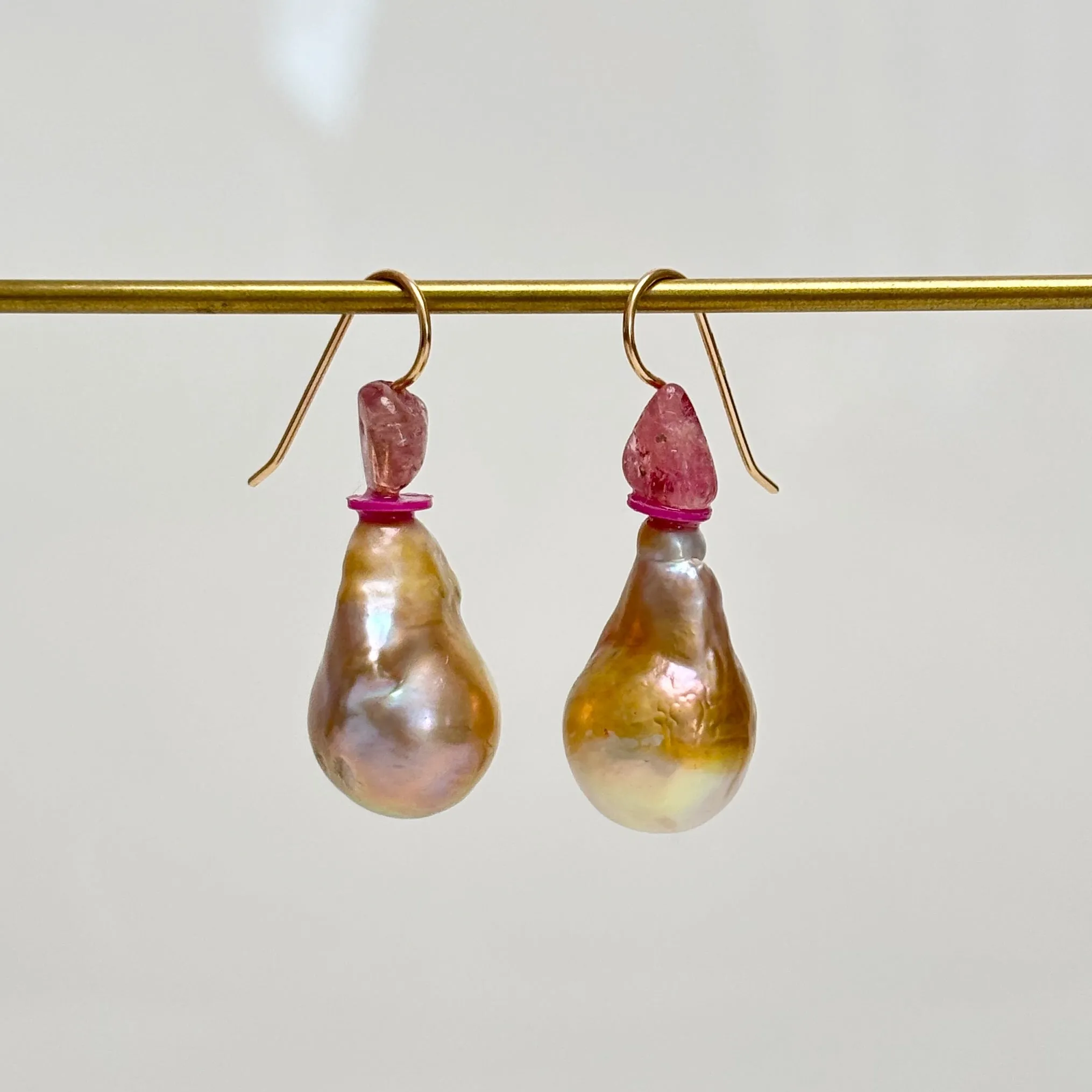 big golden drop pearls and gemstone earrings