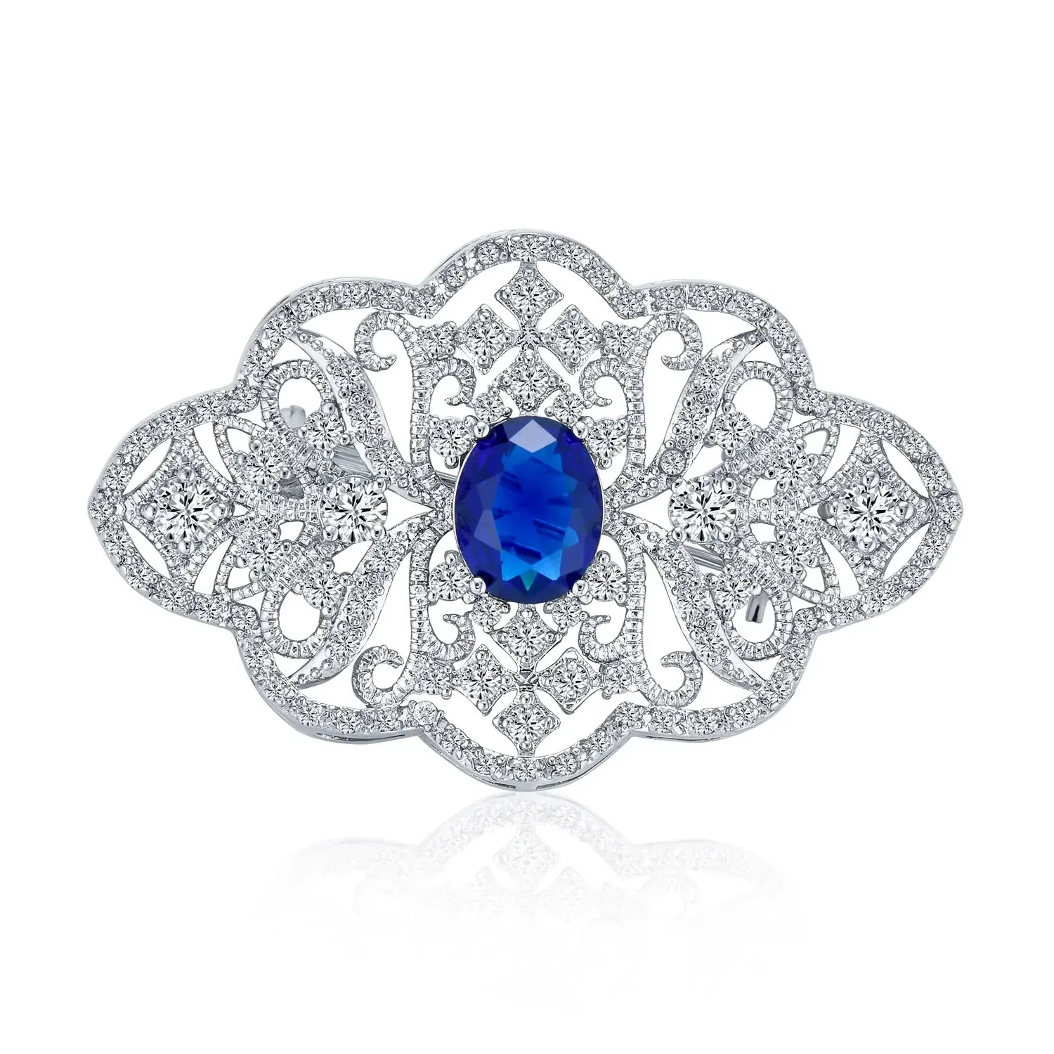 Big Vintage Estate Jewelry Royal Blue Sapphire Brooch Pin Art Deco Style