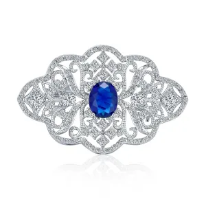 Big Vintage Estate Jewelry Royal Blue Sapphire Brooch Pin Art Deco Style