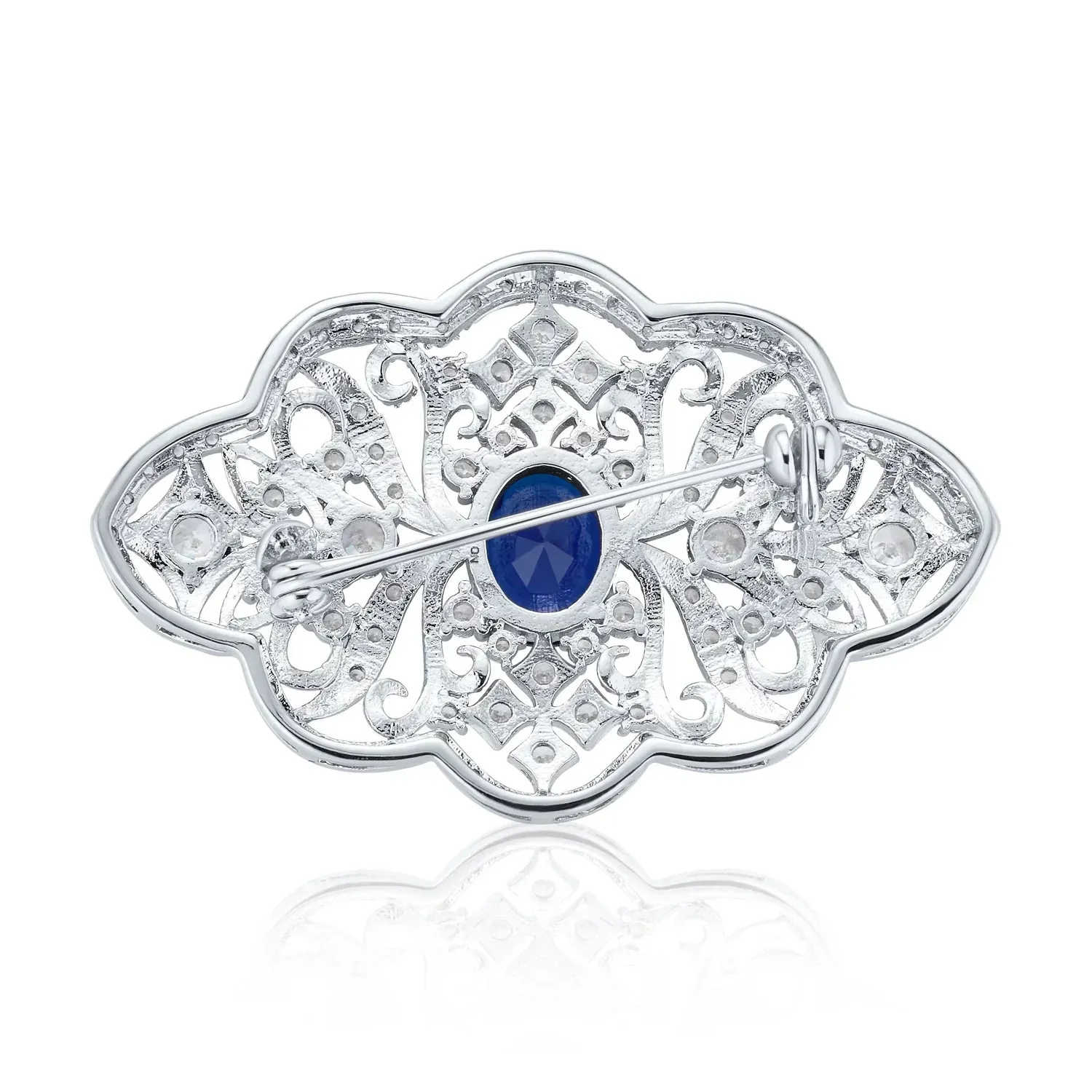 Big Vintage Estate Jewelry Royal Blue Sapphire Brooch Pin Art Deco Style