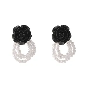 Black Resin & Pearl Silver-Plated Flower Bead Tassel Drop Earrings