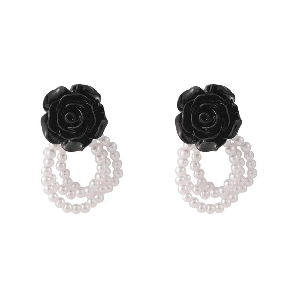 Black Resin & Pearl Silver-Plated Flower Bead Tassel Drop Earrings