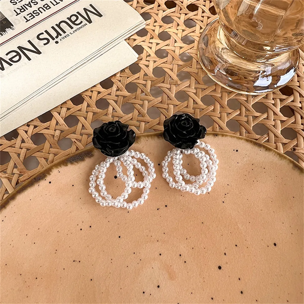 Black Resin & Pearl Silver-Plated Flower Bead Tassel Drop Earrings
